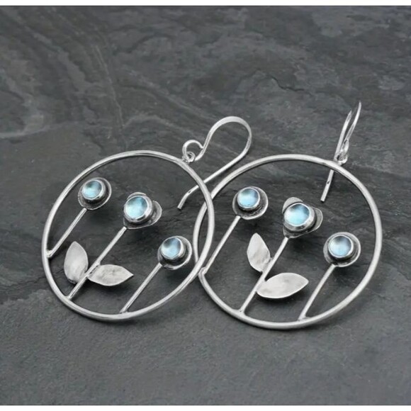 Circle 3 Blue Stone Flower Earrings Dangle - Picture 1 of 3